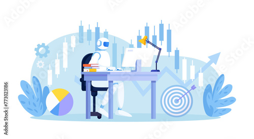 Artificial intelligence, robot trader. Trading bot analyze cryptocurrency market data, financial exchange, earning profit. AI for automation trading on stock market