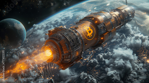 Bitcoin sign on a spaceship, bitcoin rocket