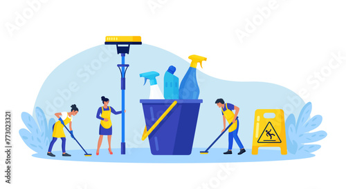 Cleaning service or company. People doing housework. Janitors in uniform washing floor. Professional hygiene service for domestic households. Sanitary chemical products for laundry, floor, toilet