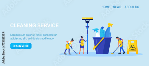 Cleaning service or company. People doing housework. Janitors in uniform washing floor. Professional hygiene service for domestic households. Sanitary chemical products for laundry, floor, toilet