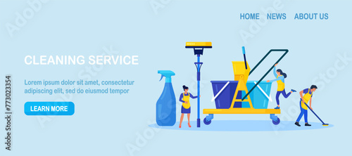 Cleaning service or company. People doing housework. Janitor in uniform washing floor. Professional hygiene service for domestic households. Sanitary chemical products for laundry, floor, toilet