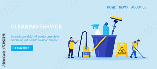 Cleaning service or company. People doing housework. Janitor in uniform washing floor. Professional hygiene service for domestic households. Sanitary chemical products for laundry, floor, toilet