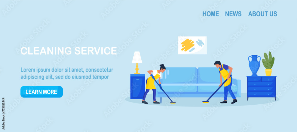 Cleaning service or company. People doing housework. Janitors in uniform washing floor at home. Professional hygiene service for domestic households. Cleaners tiding up apartment room making cleaning