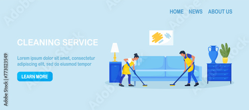 Cleaning service or company. People doing housework. Janitors in uniform washing floor at home. Professional hygiene service for domestic households. Cleaners tiding up apartment room making cleaning