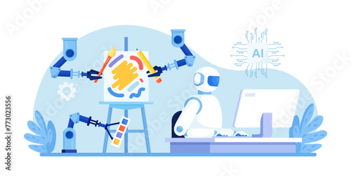 Robot painting to create artwork. Artificial intelligence generating stunning works of art. AI technologies in hobbies. Robotic arm create a painting art controlled by a computer algorithm