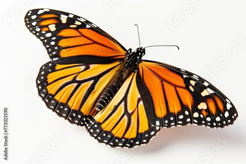 Majestic Monarch Butterfly on White Background, Showcasing Its Vibrant Orange and Black Wings © furyon