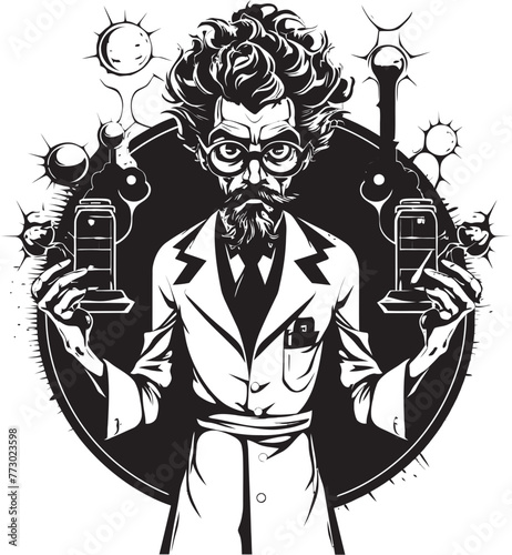 Nano Ninja Emblematic Mad Scientist Logo Brainwave Baron Dynamic Mad Scientist Vector Icon
