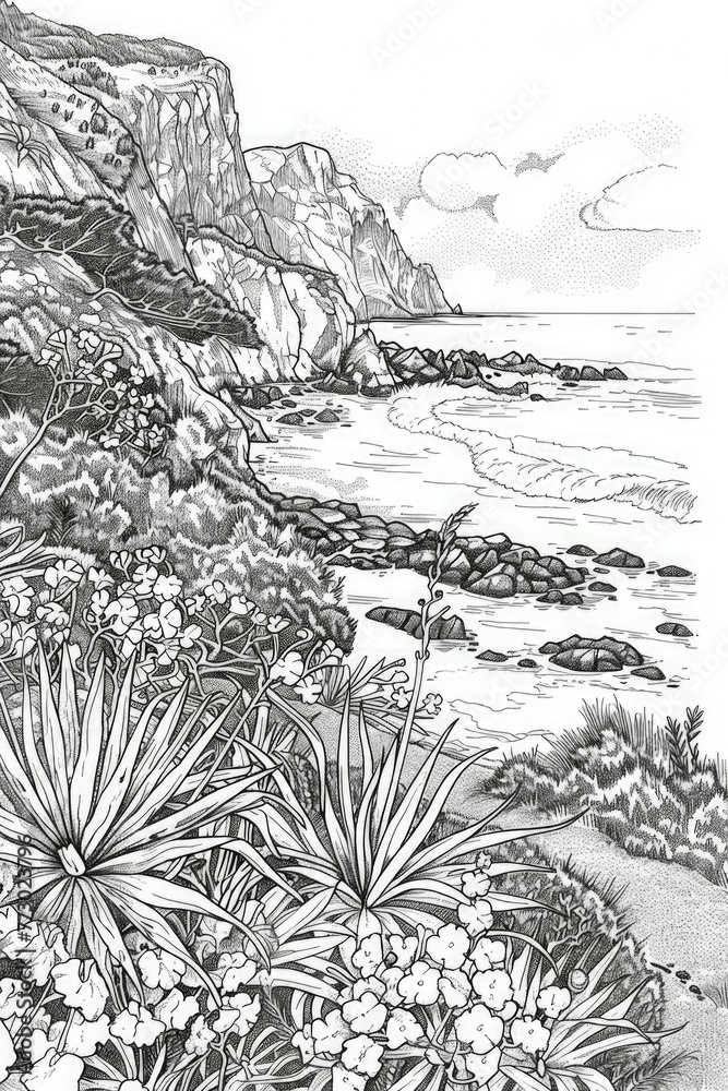 A detailed black and white drawing featuring a rugged beach with large rocks and pebbles, waves crashing against the shore, and seagulls flying overhead