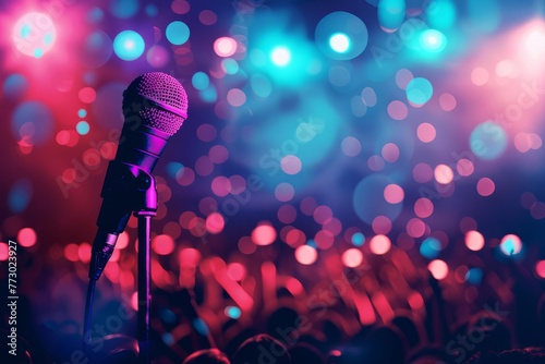 Microphone on stage, live performance background for comedy, music or theater illustration