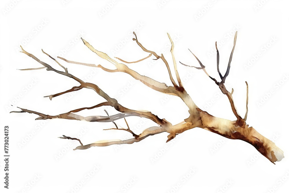 Minimalist watercolor illustration of brown dry tree branch isolated on white, eco-friendly rustic packaging design element