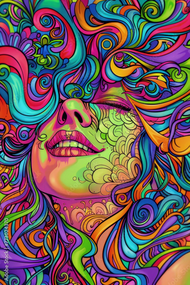 A colorful illustration with intricate details showcasing a womans face amid whimsical, psychedelic designs