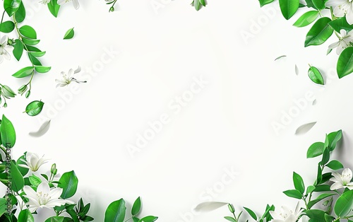 White background, green leaves and white flowers flying in the air, simple composition