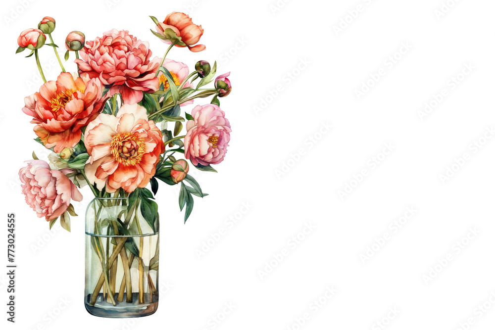 Watercolor peonies bouquet in glass jar on white background with copy space. Greeting card template. Mother's Day, Birthday, March 8