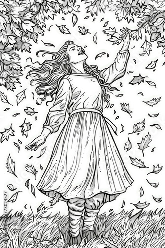 A black and white drawing of a girl joyfully throwing leaves into the air
