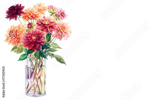 Watercolor bouquet of dahlias in glass vase on white background with copy space. Greeting card template. Mother's Day, Birthday, March 8
