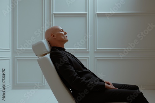 Mature Professional in Sleek Black Suit Relaxing