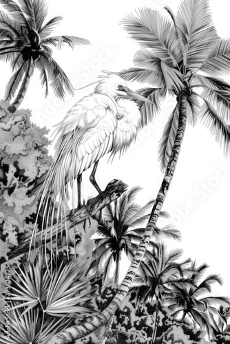 A black and white bird perches on a palm tree, blending into the textured bark against a clear sky backdrop