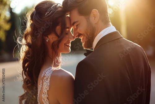 Intimate moment as a man and woman share a tender gaze, beautifully backlit by golden sunlight.