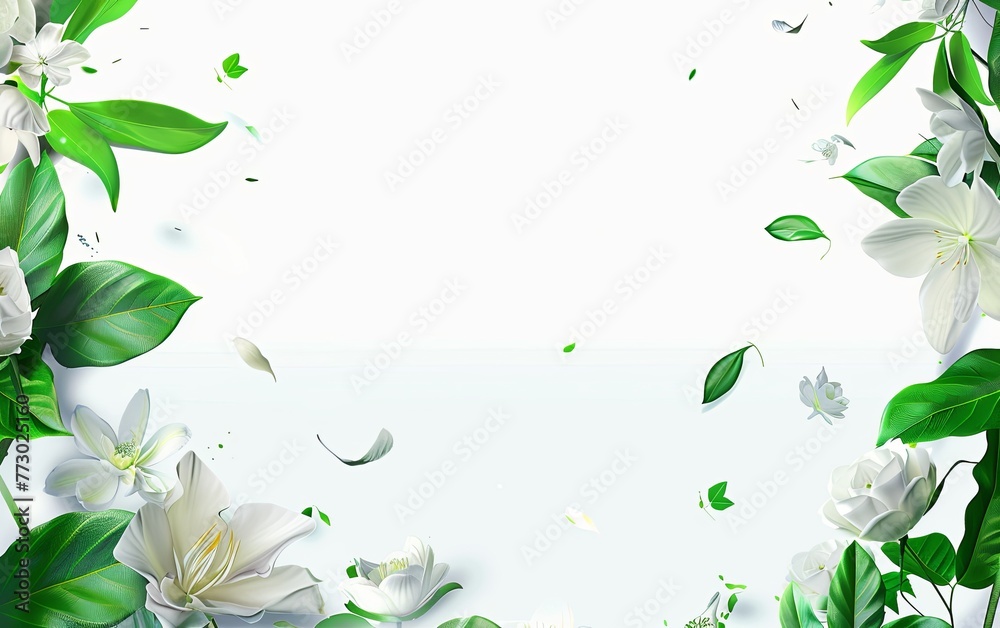 White background, green leaves and white flowers flying in the air, simple composition White background, green leaves and white flowers flying in the air, simple composition
