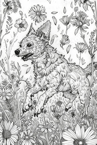 Wallpaper Mural Drawing of a dog jumping in a field of colorful flowers, under a sunny sky Torontodigital.ca