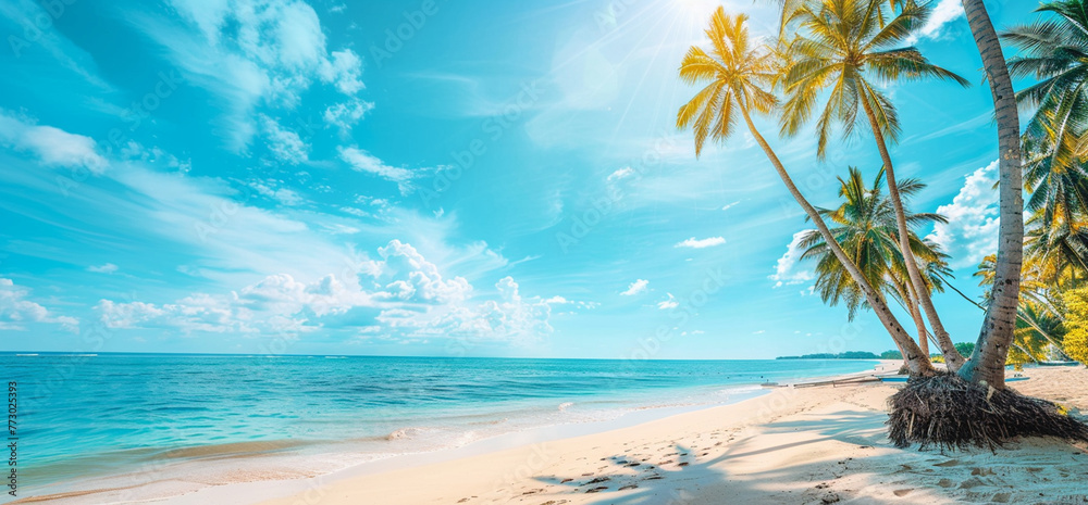 高いヤシの木と海辺の素敵な景色。白い砂浜。明るい熱帯の夏の日差しと薄い雲のある青空。ワイド画面形式-生成AI
