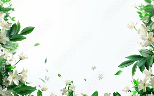 White background  green leaves and white flowers flying in the air  simple composition