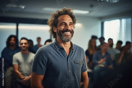 Mature Man with Curly Hair Sharing Insights at Business Gathering
