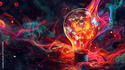 Colorful glowing light bulb lamp, visualization of brainstorming, bright idea and creative thinking and imagination, finding solution concept background