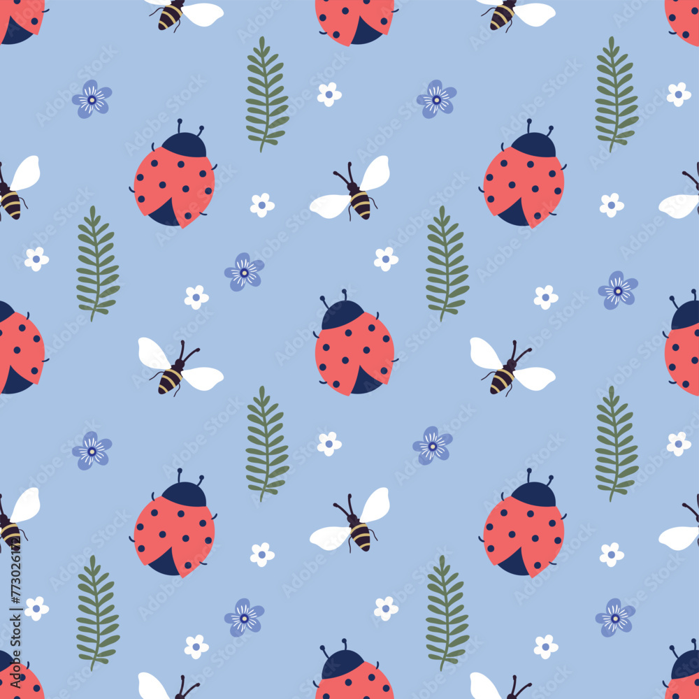 Spring and summer seamless pattern, simple design with ladybirds, insect, plants, decorative wallpaper - obrazy, fototapety, plakaty 