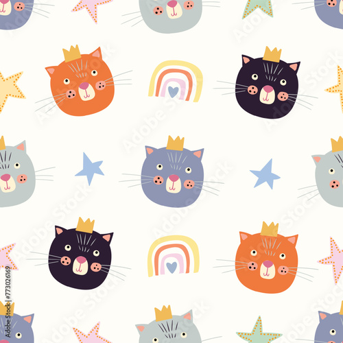 Childish seamless pattern with colorful cats, stars and rainbows, kids wallpaper, decorative background © lilett