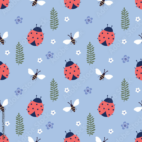 Spring and summer seamless pattern, simple design with ladybirds, insect, plants, decorative wallpaper