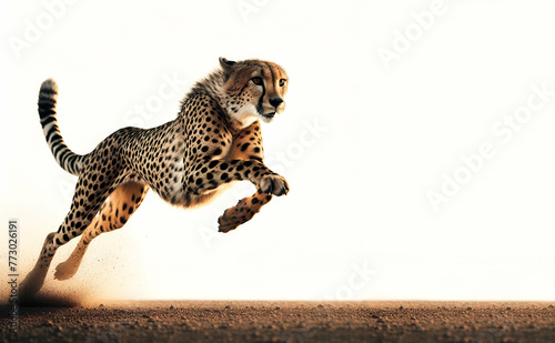 Agile cheetah in midsprint set against a clean white canvas, generative ai