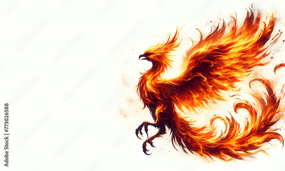 Phoenix Rising from Ashes Rebirth and Immortality Isolated on White Background AI Generated - obrazy, fototapety, plakaty 