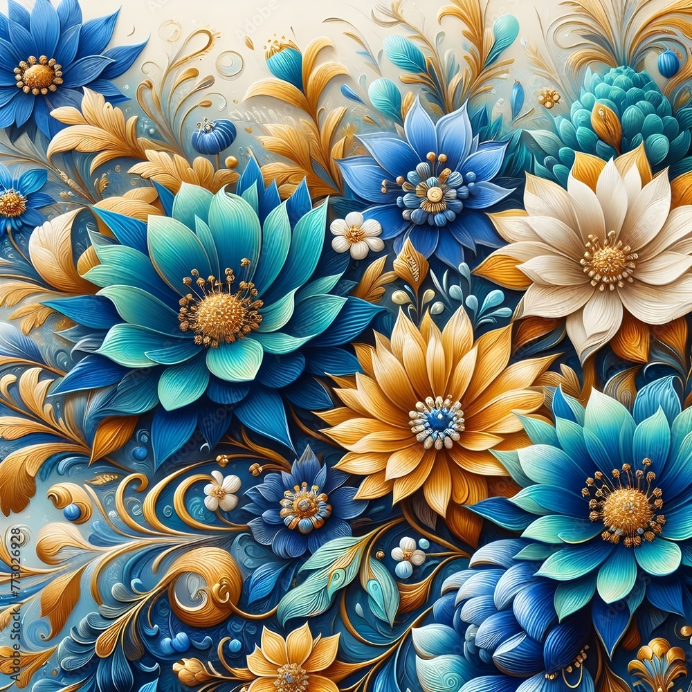 colorful blue and gold flowers painted with oil paints.