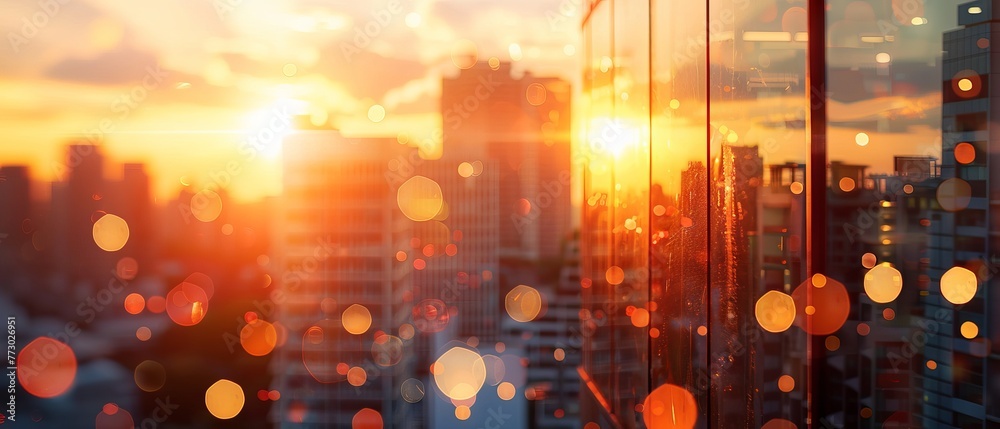 Warm summer sunset glow over urban skyline - golden hour cityscape with ...