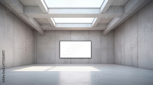 blank white illuminated screen or placeholder for framed image, concrete modern room or gallery