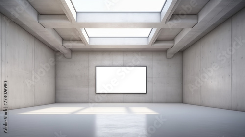 blank white illuminated screen or placeholder for framed image, concrete modern room or gallery