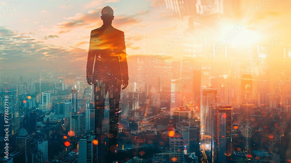Fototapeta premium Businessman contemplating future prospects at dawn: a double exposure visual blending urban skyline and sunrise