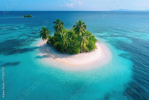uninhabited island with sandy beach and palm trees on coast in ocean. Aerial top view of drone
