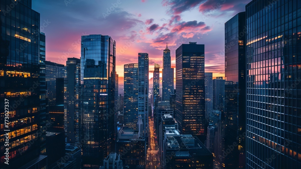 Sunset silhouettes: majestic urban skyline and soaring skyscrapers reflecting the vibrant economic pulse and architectural grandeur of the city