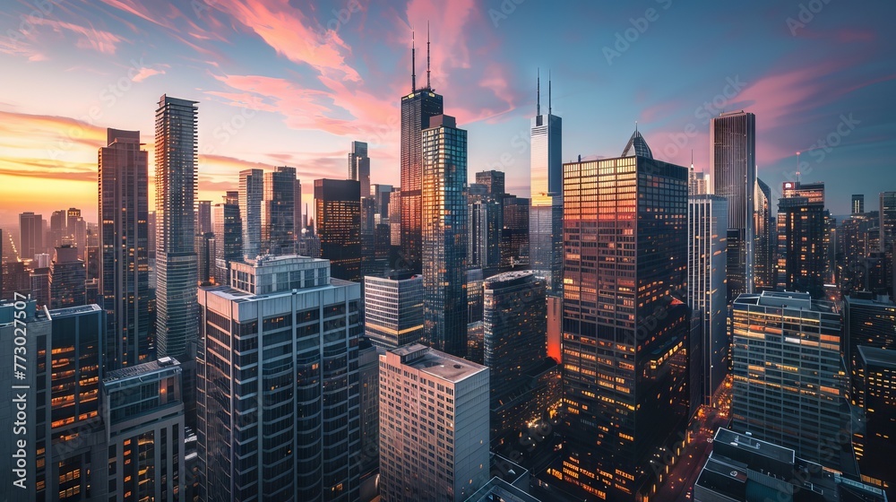 Sunset silhouettes: majestic urban skyline and soaring skyscrapers reflecting the vibrant economic pulse and architectural grandeur of the city