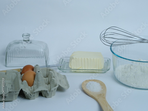 Some ingredients to prepare a crepe batter. Paris, France - March 1, 2024.
