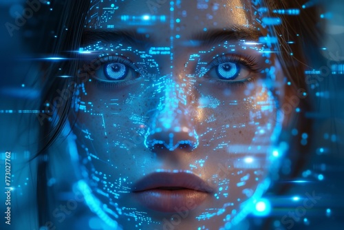 Closeup portrait of a woman with blue eyes looking at computer screen, technology and connection concept