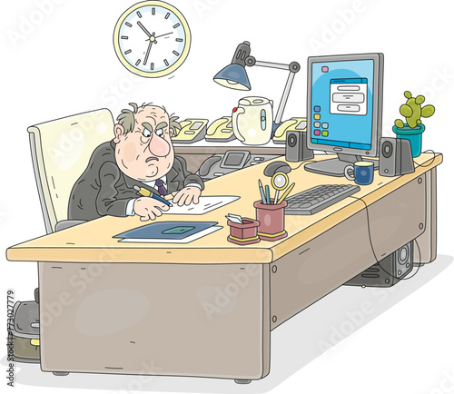 Angry official sitting at his desk and working with documents in an office with a computer, special telephones and many other things of a functionary, vector cartoon illustration on white