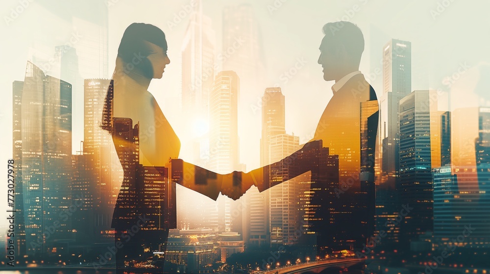 Two business people, a man and a woman, double exposure, scene shaking hands and discussing business cooperation in front of city office building, successful cooperation in business deal, corporate te - obrazy, fototapety, plakaty 