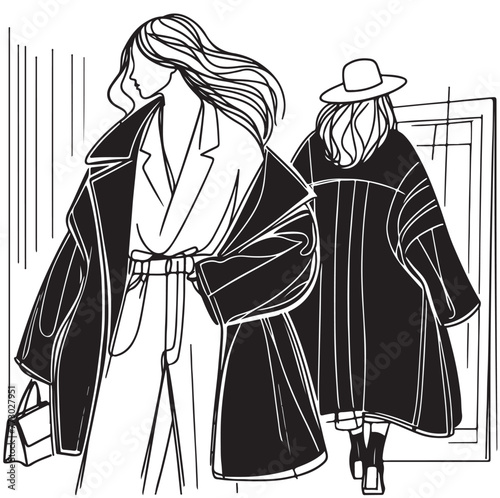 Hand drawn fashion woman. Girl in black wide coat