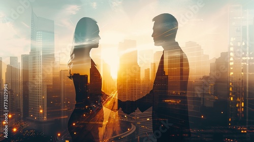 Two business people, a man and a woman, double exposure, scene shaking hands and discussing business cooperation in front of city office building, successful cooperation in business deal, corporate te photo