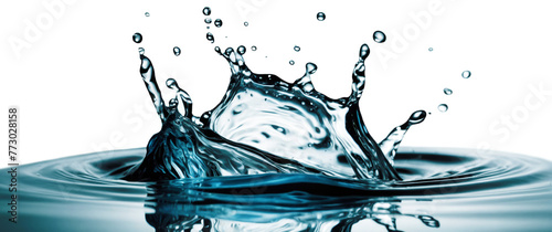 Blue water splash with small bubbles isolated on transparent and white background. PNG. The liquid flows in the form of a wave.	