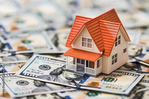 A small model house is placed on top of a pile of 100 dollar bills