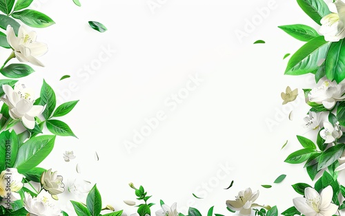 White background  green leaves and white flowers flying in the air  simple composition